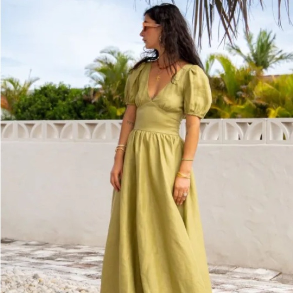 VRG GRL Paradiso Linen Maxi Dress in Olive AUS 6 / US XS